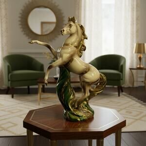 Vintage Mid Century Porcelain Rearing Horse Statue-Gold Accent Hollywood Regency